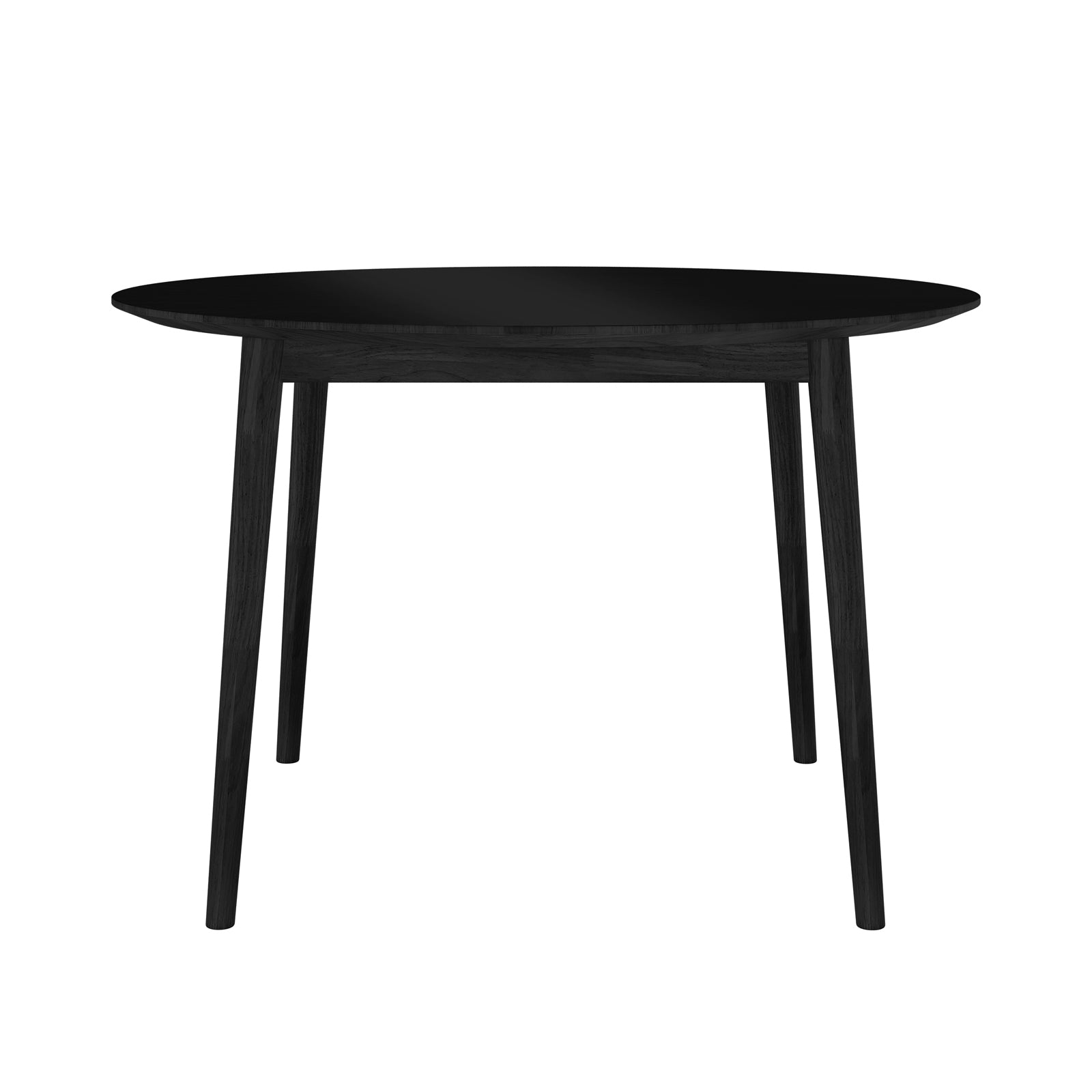 Edna 120cm Round Hardwood Dining Table in Black, featuring a smooth, circular tabletop and four slightly splayed legs, showcasing minimalist modern design with a focus on elegance and functionality.
