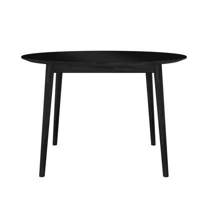 Edna 120cm Round Hardwood Dining Table in Black, featuring a smooth, circular tabletop and four slightly splayed legs, showcasing minimalist modern design with a focus on elegance and functionality.