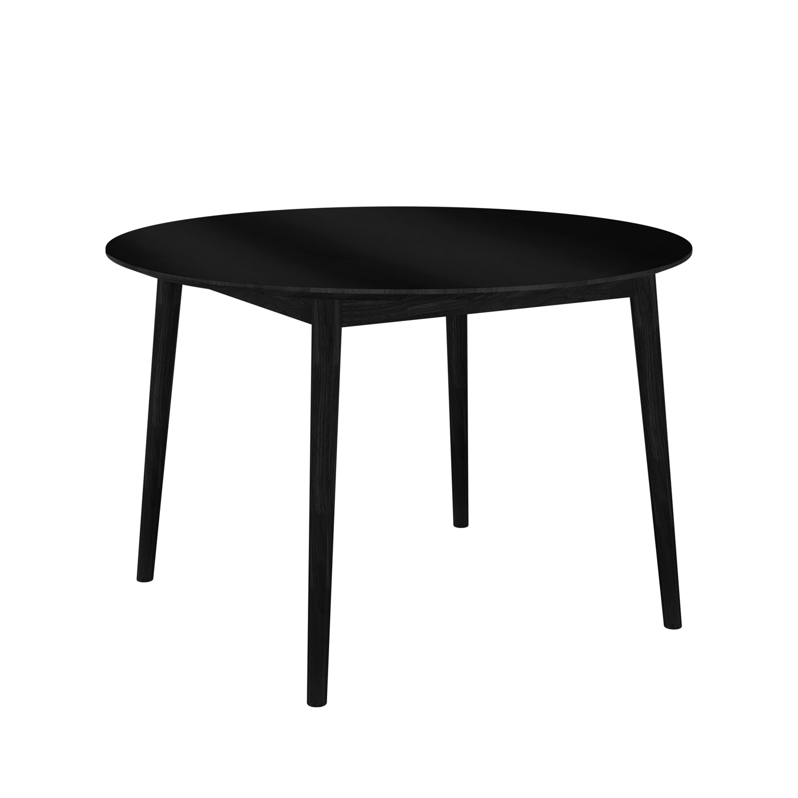Edna 120cm Round Hardwood Dining Table in Black with a sleek round top and four slender, tapered legs, showcasing a minimalist, Scandinavian-inspired design ideal for modern and traditional settings.