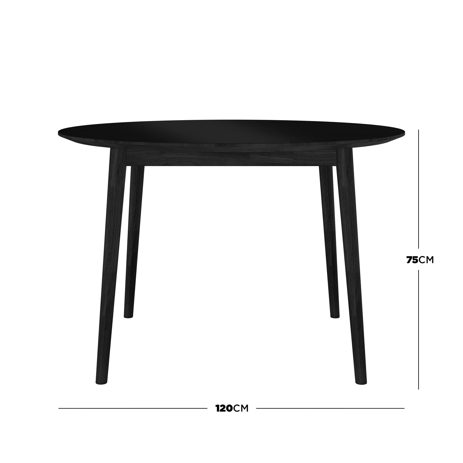 Edna 120cm Round Hardwood Dining Table in Black features a sleek round top with four tapered, splayed legs, measuring 120 cm in diameter and 75 cm tall.