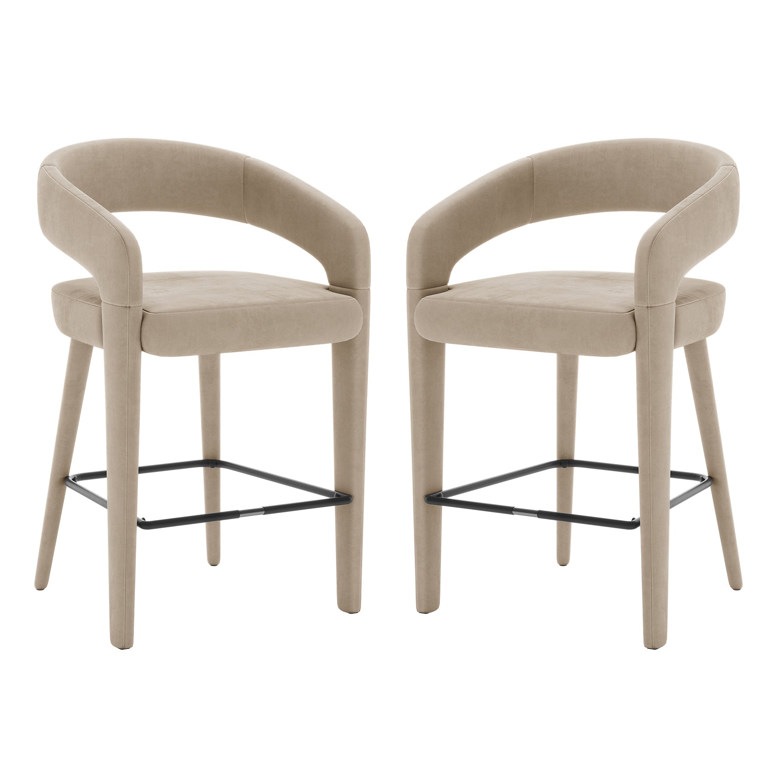 Eisha Velvet Bar Stool Warm Grey Set of 2 showcases a pair of stylish stools with black legs, curved backs, and armrests, perfect for modern bars or dining areas.