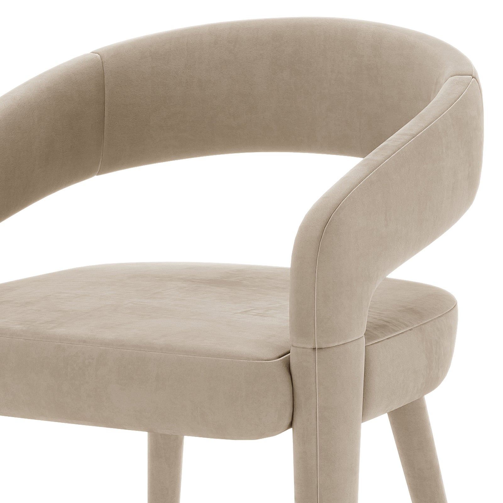 Eisha Velvet Bar Stool Set of 2 features a close-up of plush velvet upholstery with a curved backrest and sturdy armrests, highlighting its ergonomic design and luxurious feel.