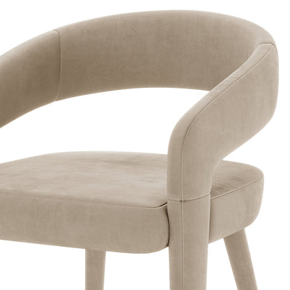 Eisha Velvet Bar Stool Set of 2 features a close-up of plush velvet upholstery with a curved backrest and sturdy armrests, highlighting its ergonomic design and luxurious feel.