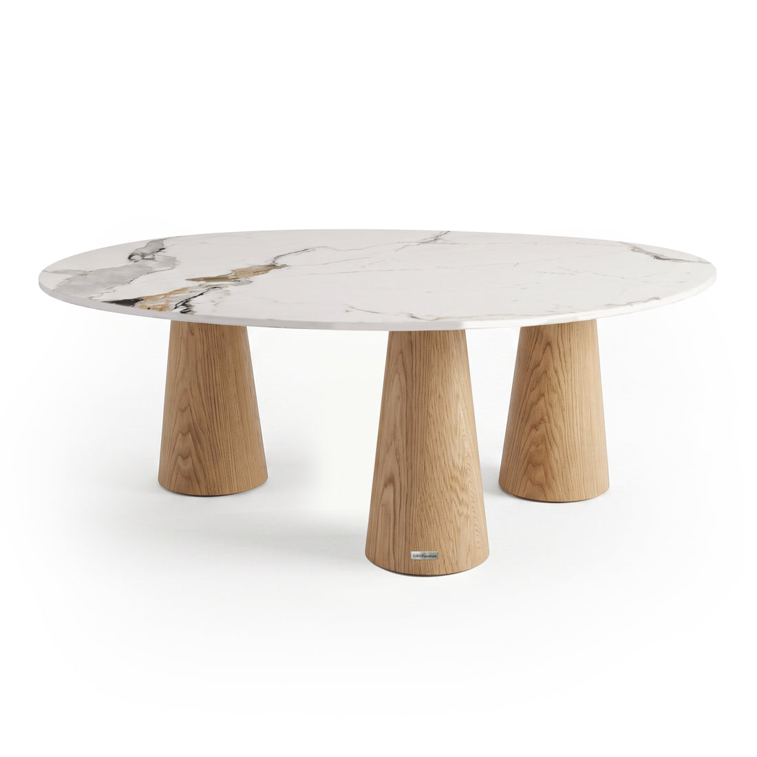 Modern oval table with white marble-look top and natural wood cylindrical legs on a white background