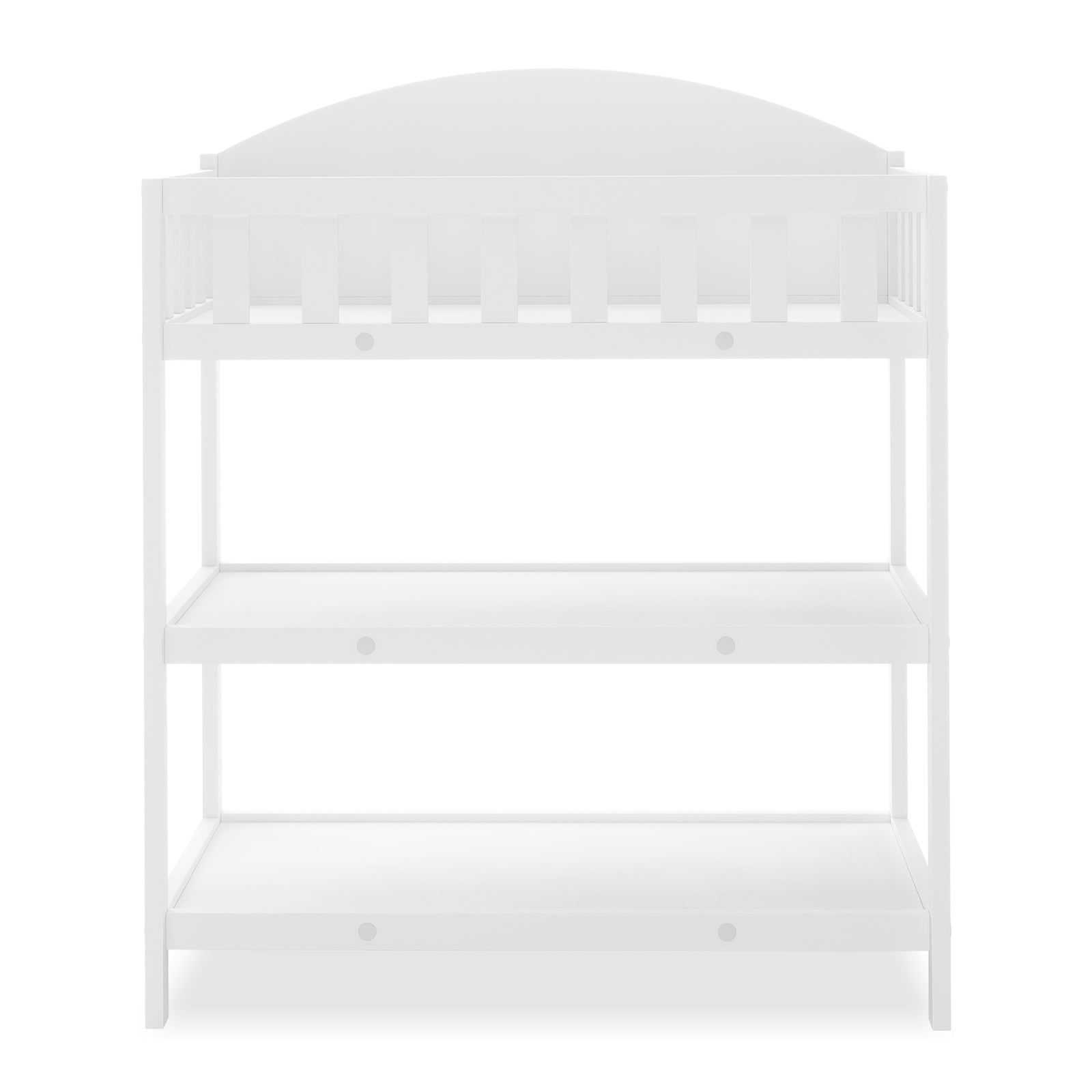 Elisabeth Solid Pine Baby Change Table with Storage in White features a raised railed top shelf and two open shelves below, ideal for organizing nursery essentials efficiently.