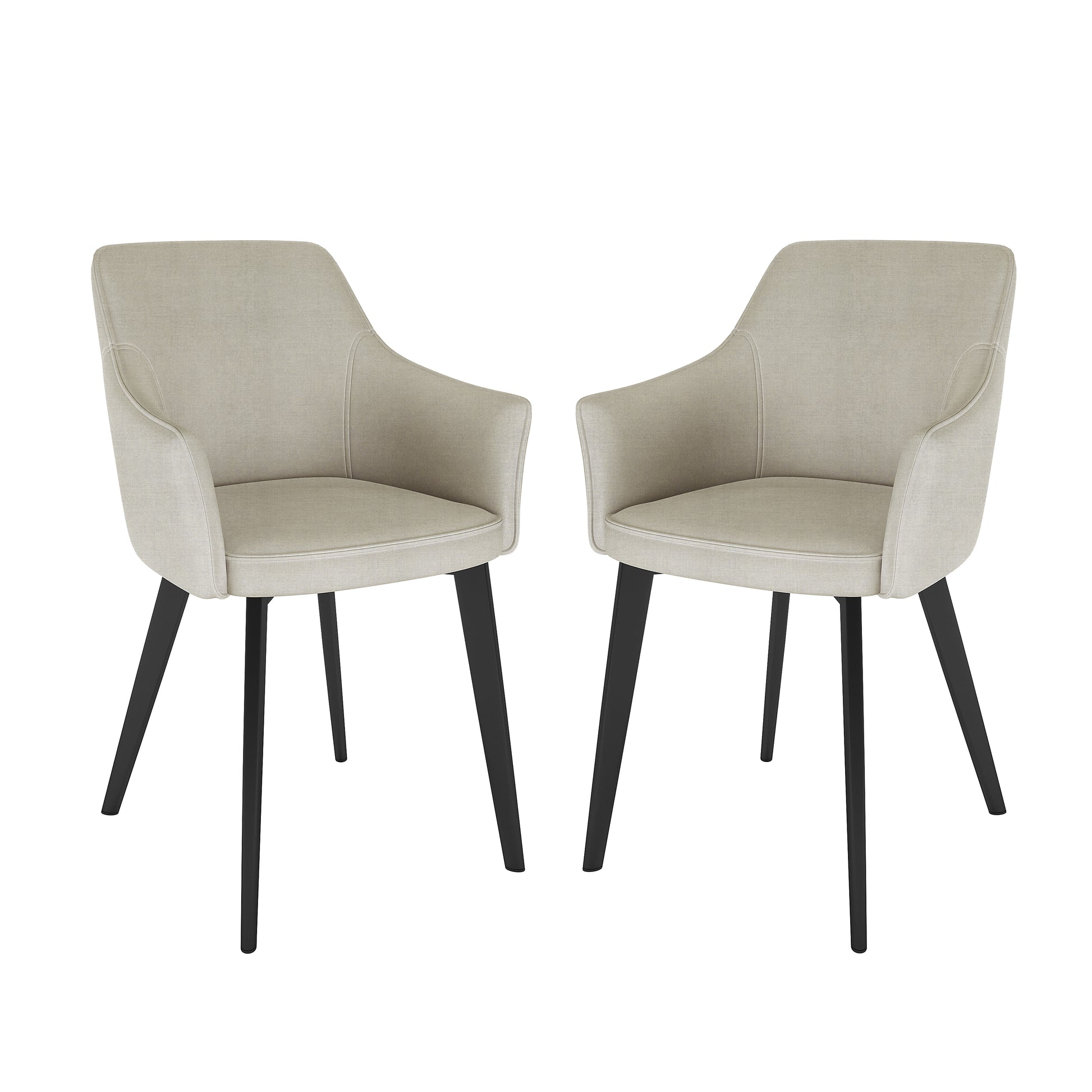 Ella Linen Dining Chair Set of 2 in Cream White, featuring gently curved, upholstered seats with integrated low armrests, and four tapered black legs, showcasing a modern dining-style design.