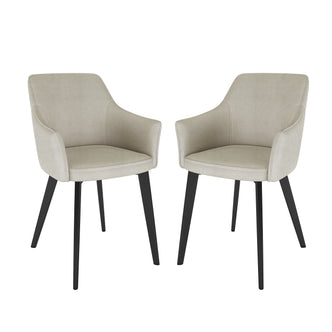 Ella Linen Dining Chair Set of 2 in Cream White, featuring gently curved, upholstered seats with integrated low armrests, and four tapered black legs, showcasing a modern dining-style design.