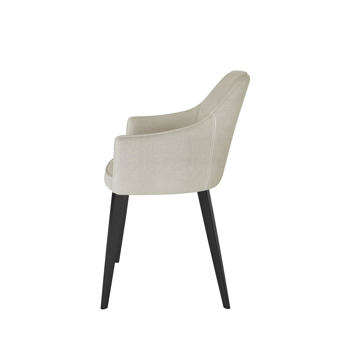 Side view of the Ella Linen Dining Chair Set of 2 in Cream White, featuring light beige fabric, gently flared armrests, and tapered black legs, showcasing a modern, upholstered dining-style design.
