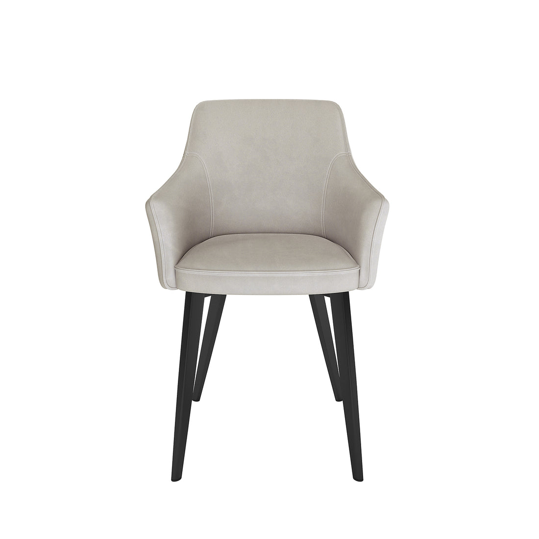 Ella Velvet Dining Chair Set of 2 in Beige, featuring light gray upholstered seat and backrest, gently flared arm panels, and four tapered black metal legs with a modern, ergonomic design.