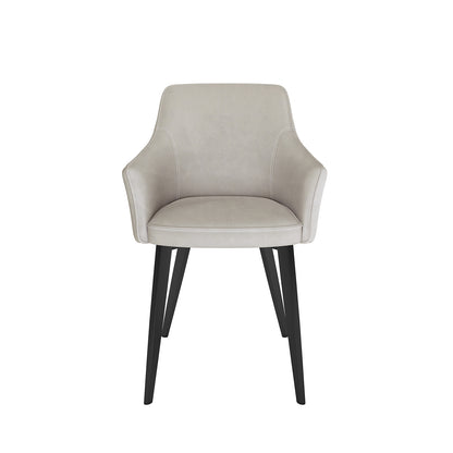 Ella Velvet Dining Chair Set of 2 in Beige, featuring light gray upholstered seat and backrest, gently flared arm panels, and four tapered black metal legs with a modern, ergonomic design.