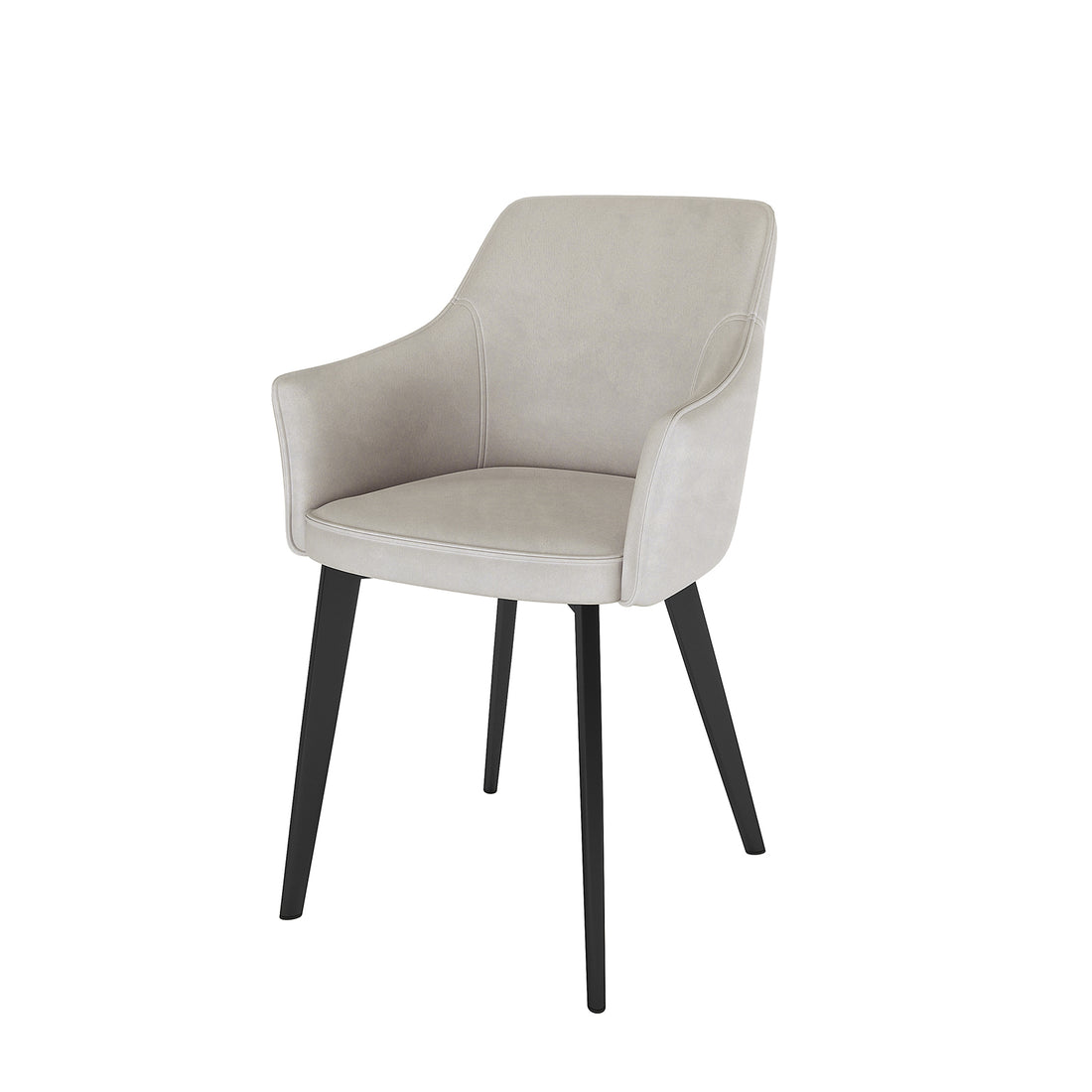 Ella Velvet Dining Chair Set of 2 in Beige features a modern design with light-beige upholstered seats, integrated low armrests, and slim, splayed black legs, offering both comfort and elegance.