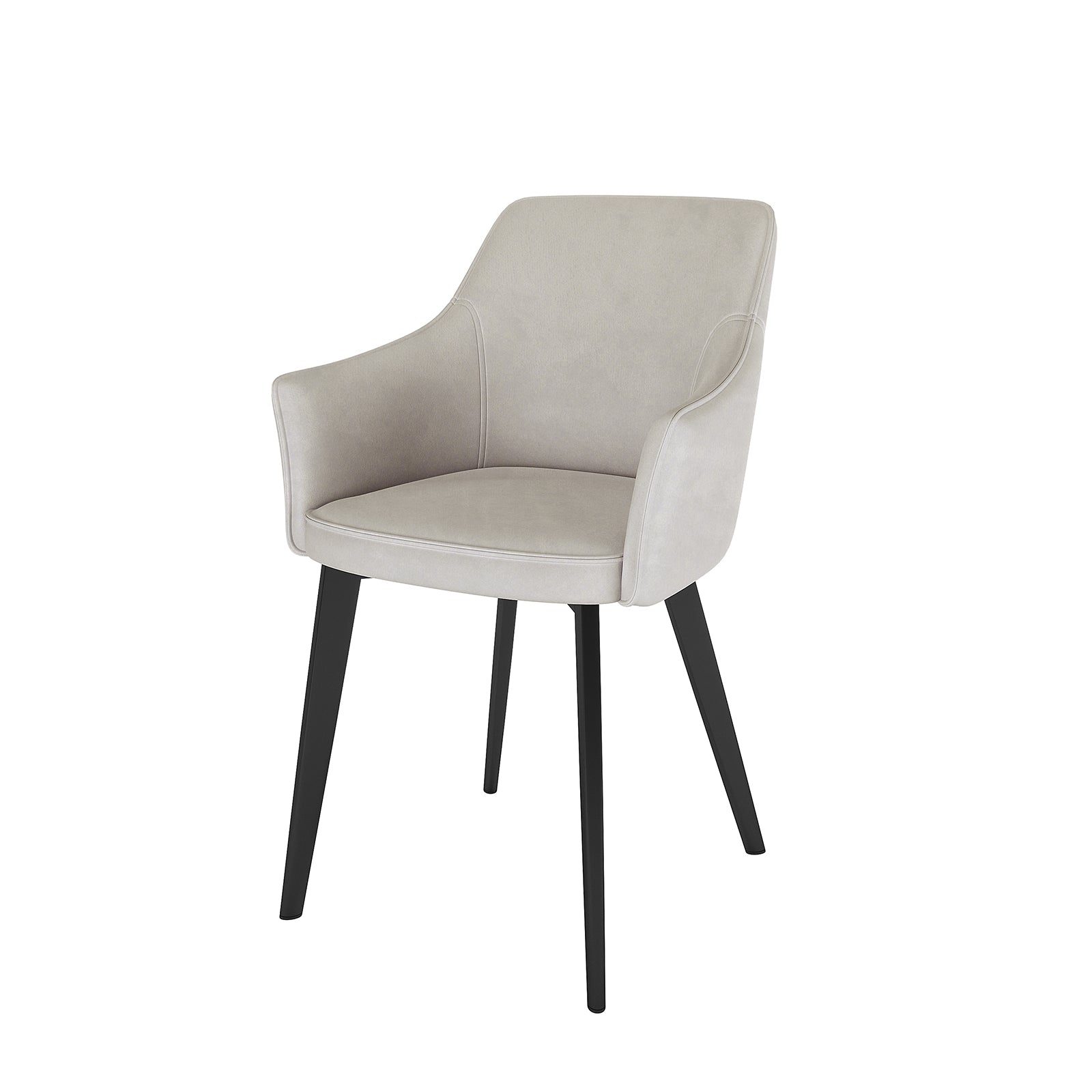Ella Velvet Dining Chair Set of 2 in Beige features a modern design with light-beige upholstered seats, integrated low armrests, and slim, splayed black legs, offering both comfort and elegance.