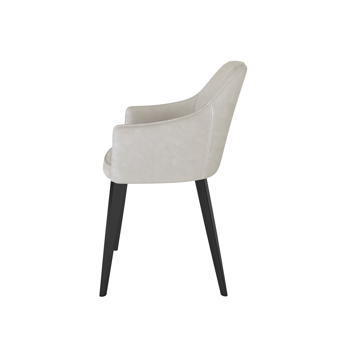 Side view of the Ella Velvet Dining Chair Set of 2 in Beige, featuring plush padded seats, low armrests, and sleek black legs, embodying a blend of designer style and ergonomic comfort.