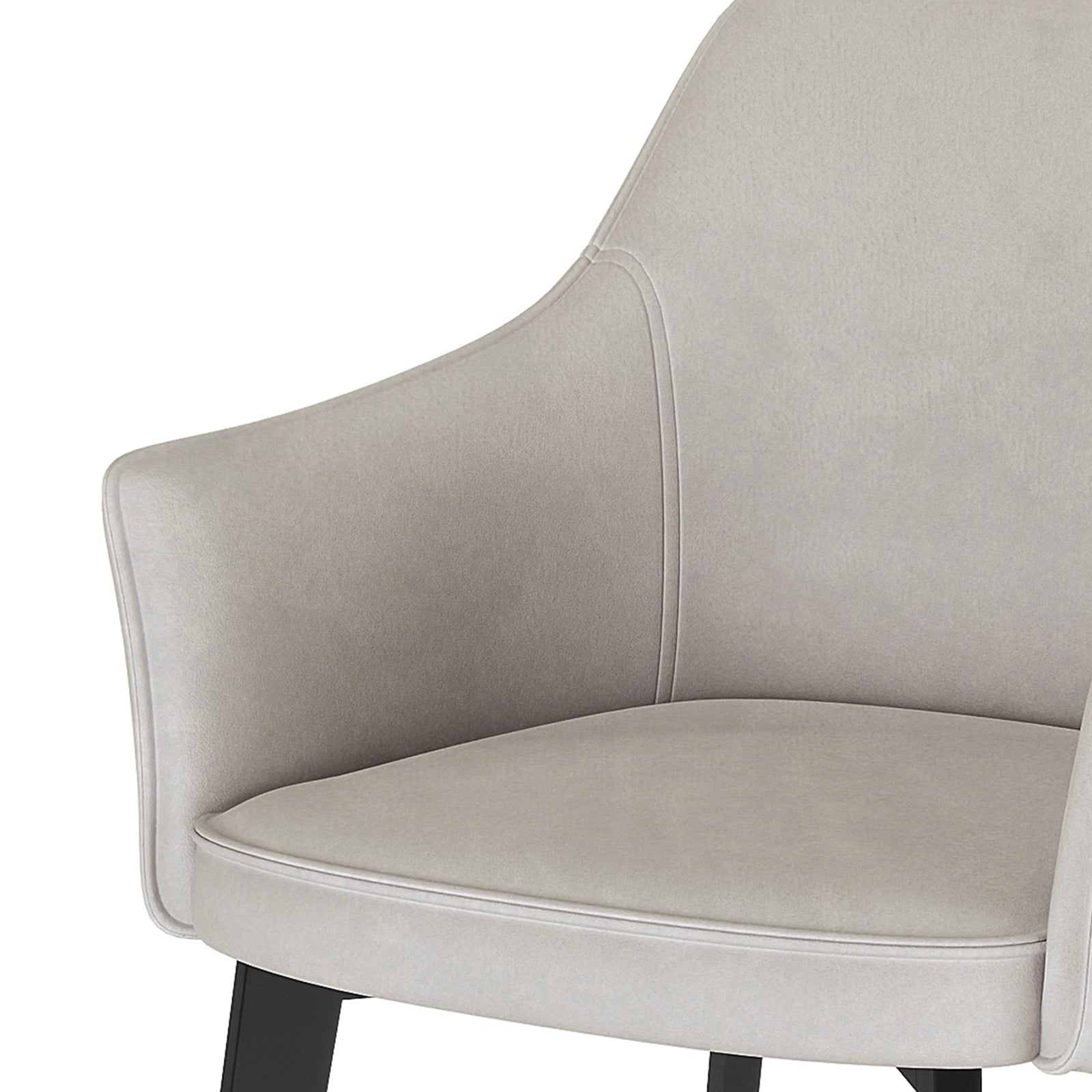 Ella Velvet Dining Chair Set of 2 in Beige, featuring a gently curved back and armrests upholstered in plush beige fabric, supported by sturdy dark-finished legs for a modern, elegant dining experience.