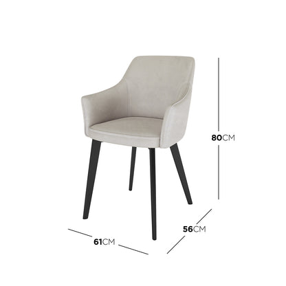 Ella Velvet Dining Chair Set of 2 in Beige, featuring upholstered armchairs with light-beige fabric, flared armrests, and black tapered legs, measuring 80 cm tall, 61 cm wide, 56 cm deep.