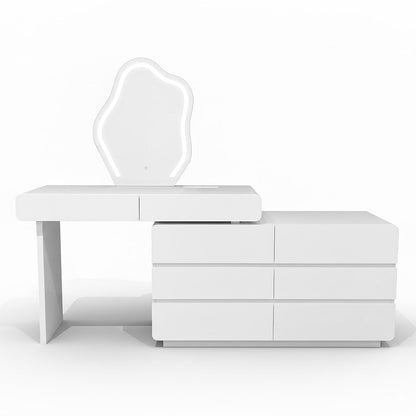 Eloura LED Mirror Dressing Table with Storage showcases a sleek, all-white design featuring a glowing LED cloud mirror and a versatile extendable worktop with ample drawer storage.