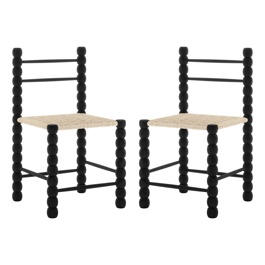 Close-up of the Em Solid Oak Dining Chair Set of 2 - Black, showcasing the elegant bobbin-style frame and woven natural fibre seat, highlighting its craftsmanship and classic design.