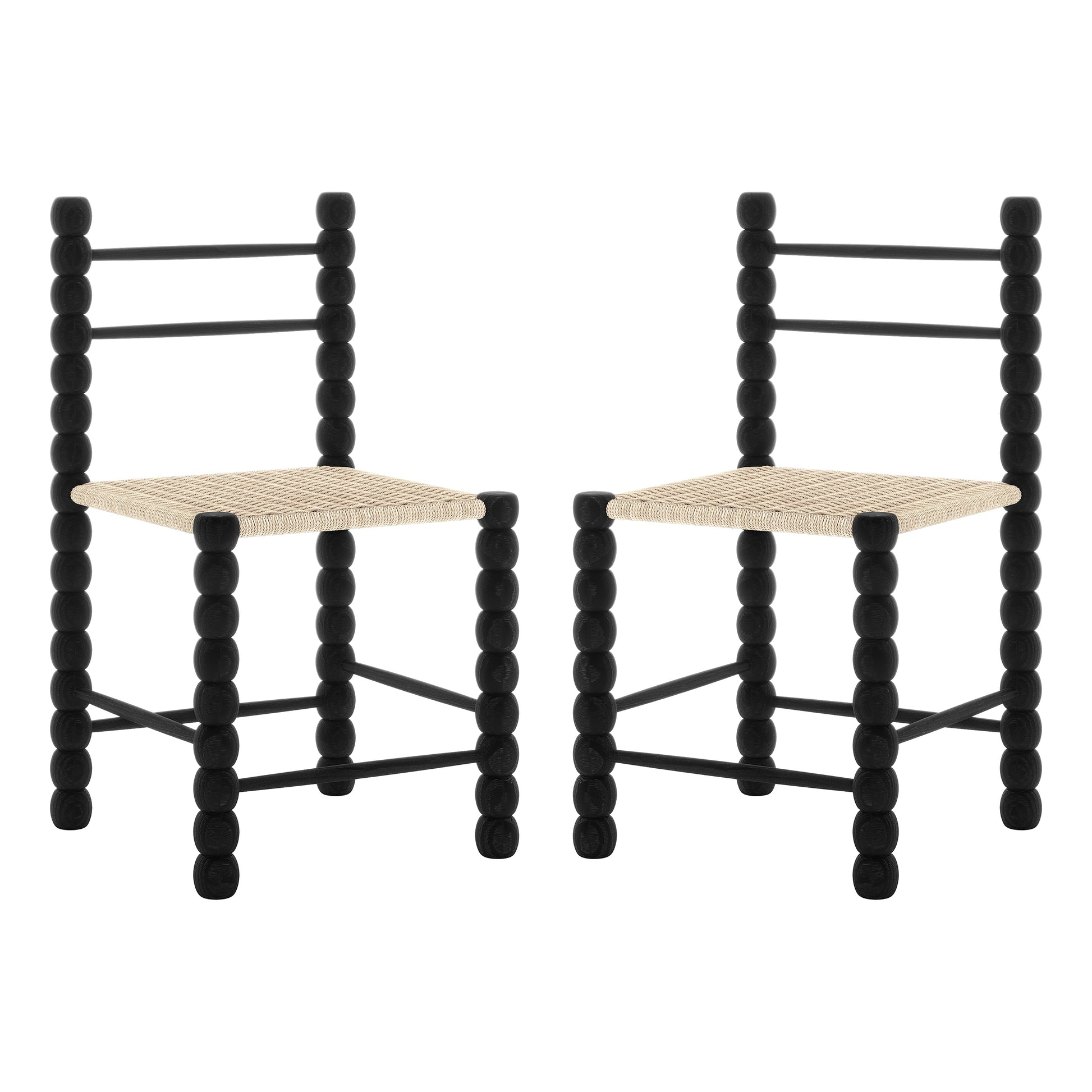 Close-up of the Em Solid Oak Dining Chair Set of 2 - Black, showcasing the elegant bobbin-style frame and woven natural fibre seat, highlighting its craftsmanship and classic design.
