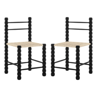 Close-up of the Em Solid Oak Dining Chair Set of 2 - Black, showcasing the elegant bobbin-style frame and woven natural fibre seat, highlighting its craftsmanship and classic design.