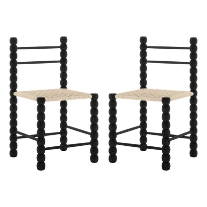 Close-up of the Em Solid Oak Dining Chair Set of 2 - Black, showcasing the elegant bobbin-style frame and woven natural fibre seat, highlighting its craftsmanship and classic design.