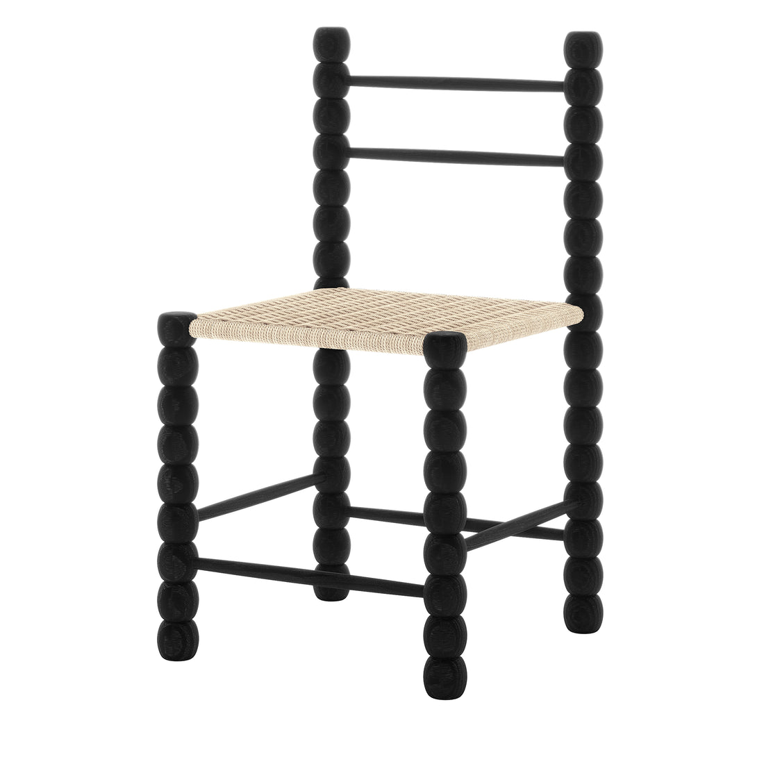 Em Solid Oak Dining Chair Set of 2 - Black, featuring a close-up of the black bobbin-style frame and natural fibre woven seat, showcasing its sturdy and elegant design.