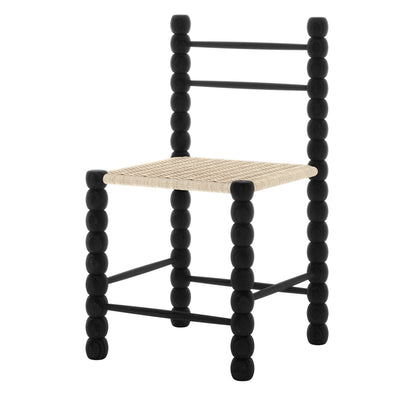 Em Solid Oak Dining Chair Set of 2 - Black, featuring a close-up of the black bobbin-style frame and natural fibre woven seat, showcasing its sturdy and elegant design.