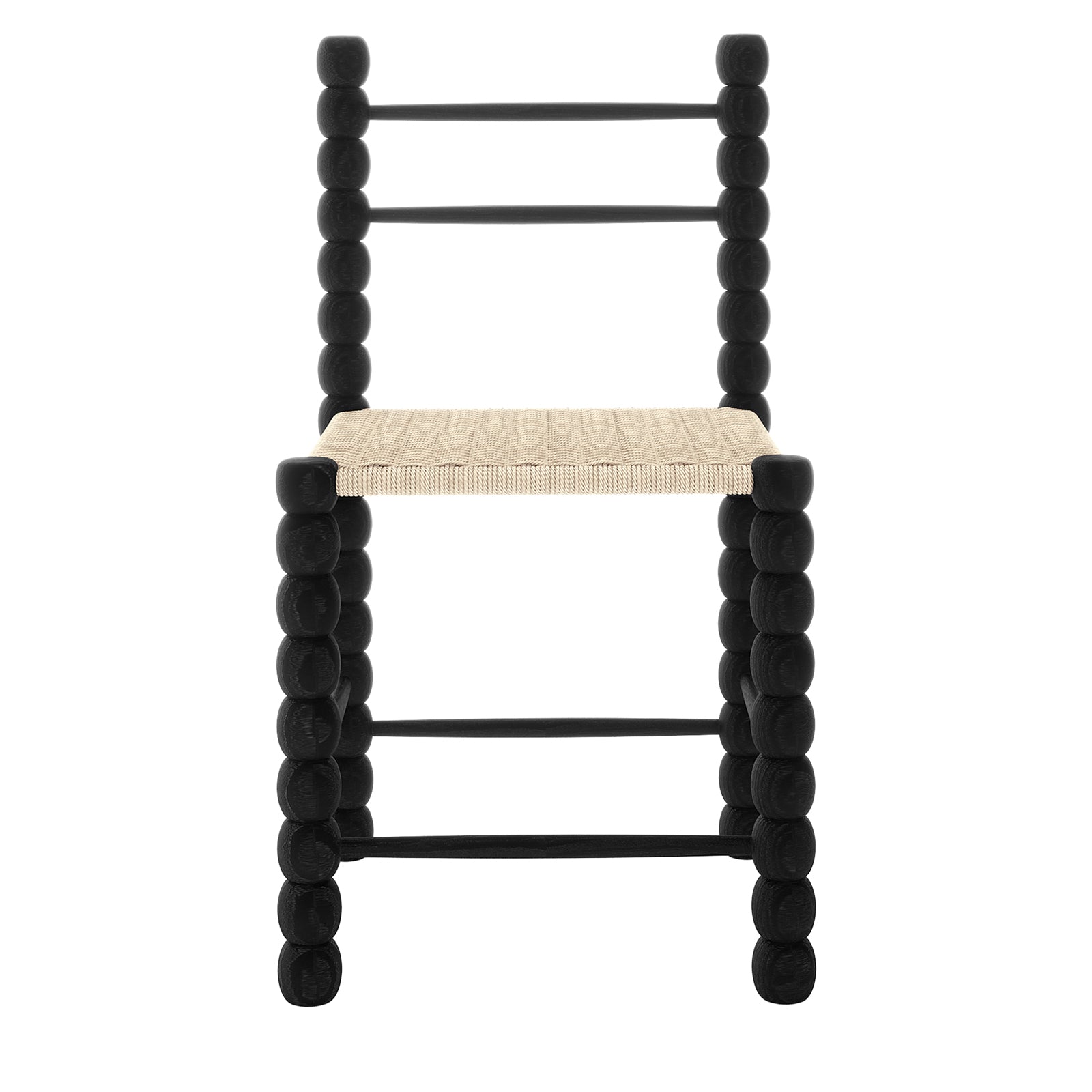 Set of two Em Solid Oak Dining Chairs with a classic bobbin-style frame, showcasing solid craftsmanship and a woven natural fibre seat, offering a blend of modern and rustic elegance.