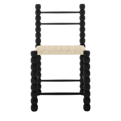 Set of two Em Solid Oak Dining Chairs with a classic bobbin-style frame, showcasing solid craftsmanship and a woven natural fibre seat, offering a blend of modern and rustic elegance.