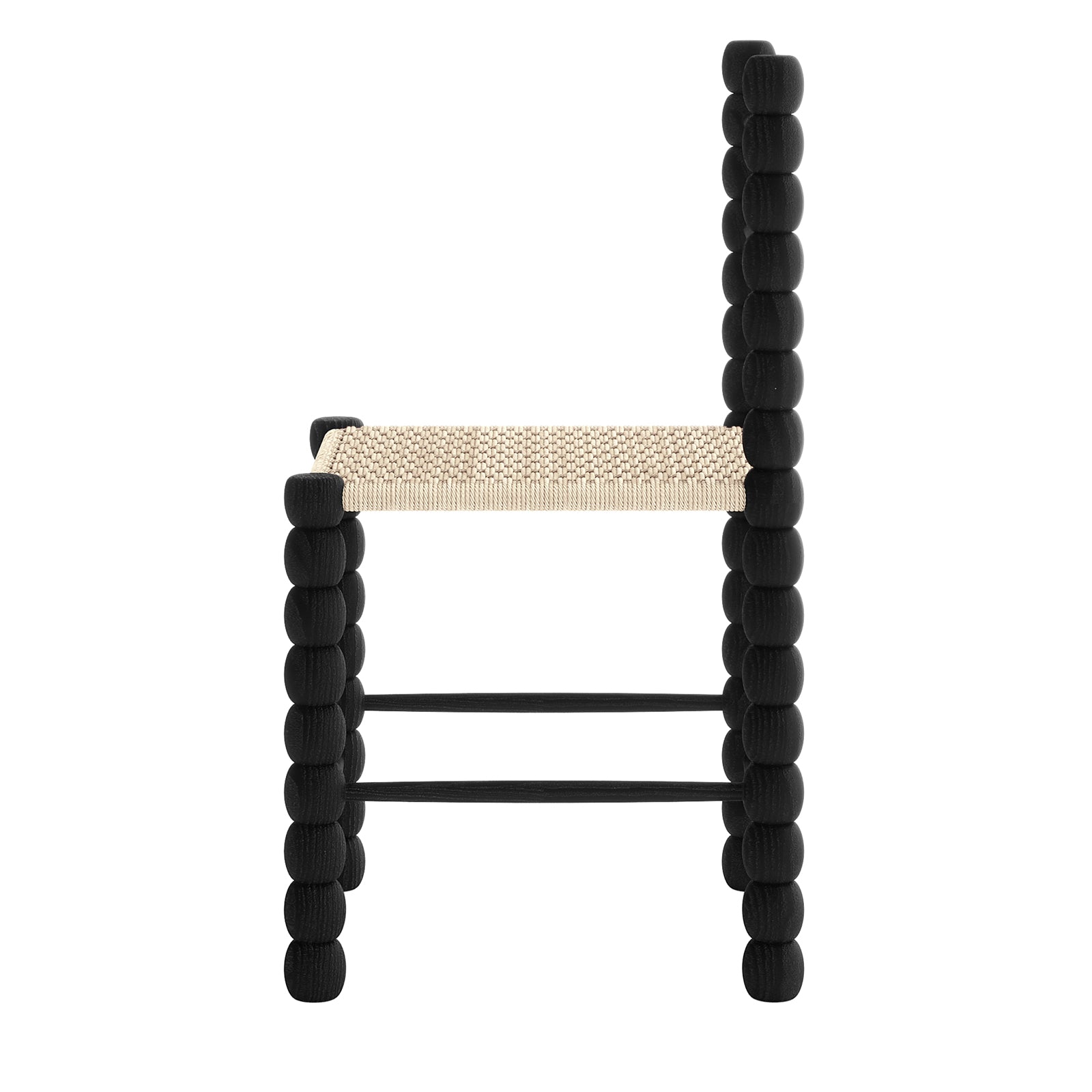 Em Solid Oak Dining Chair Set of 2 - Black, featuring a close-up of the chair's bobbin-style solid oak frame and woven natural fibre seat, highlighting its craftsmanship and elegant design.