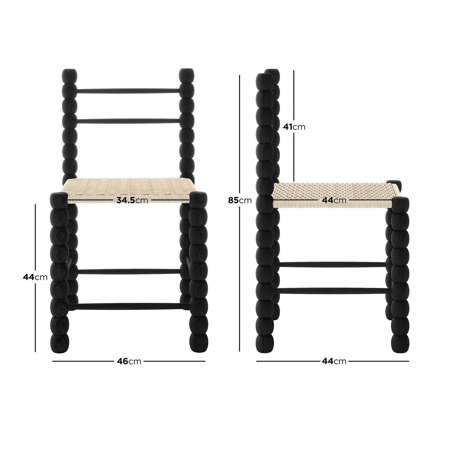 Dimension of Em Solid Oak Dining Chair Set of 2 - Black, highlighting the bobbin-style frame and woven natural fiber seat, showcasing the chair's elegant craftsmanship and sturdy design.