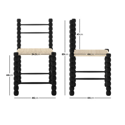 Dimension of Em Solid Oak Dining Chair Set of 2 - Black, highlighting the bobbin-style frame and woven natural fiber seat, showcasing the chair's elegant craftsmanship and sturdy design.