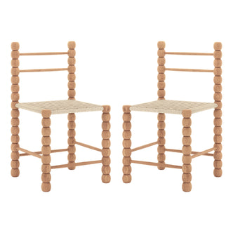 Two Em Solid Oak Dining Chairs in a bobbin style with turned wooden frames and woven seats, showcasing solid oak construction and timeless design, ideal for modern and farmhouse interiors.