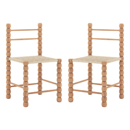 Two Em Solid Oak Dining Chairs in a bobbin style with turned wooden frames and woven seats, showcasing solid oak construction and timeless design, ideal for modern and farmhouse interiors.