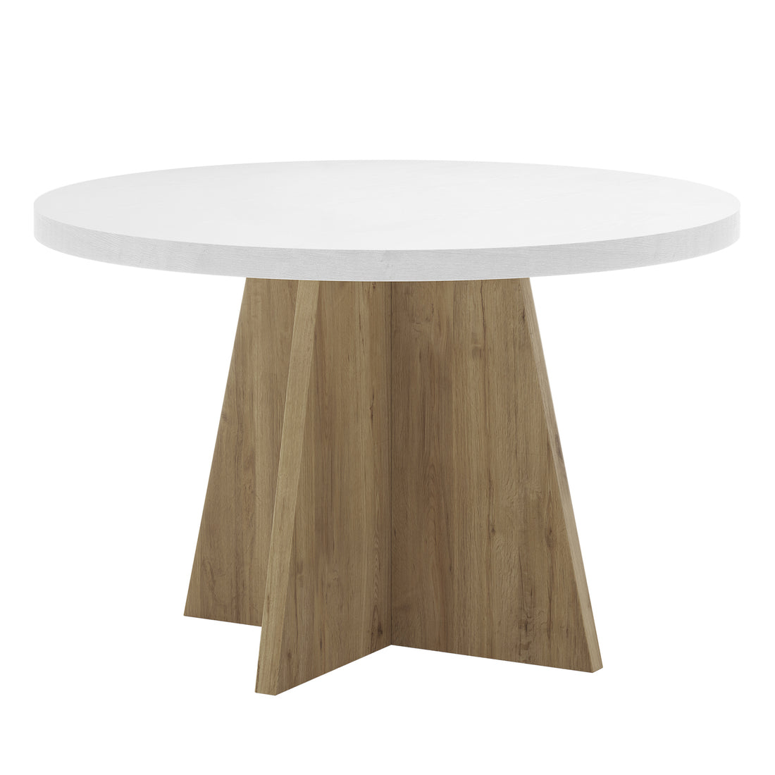 Enid 120cm 4 Seater Round Dining Table in White, featuring a sleek white tabletop with a sturdy wooden cross-shaped pedestal base, ideal for small gatherings, dining, or study sessions.