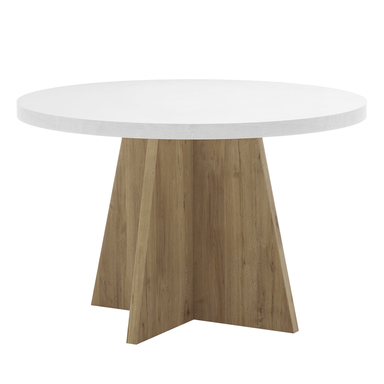 Enid 120cm 4 Seater Round Dining Table in White, featuring a sleek white tabletop with a sturdy wooden cross-shaped pedestal base, ideal for small gatherings, dining, or study sessions.