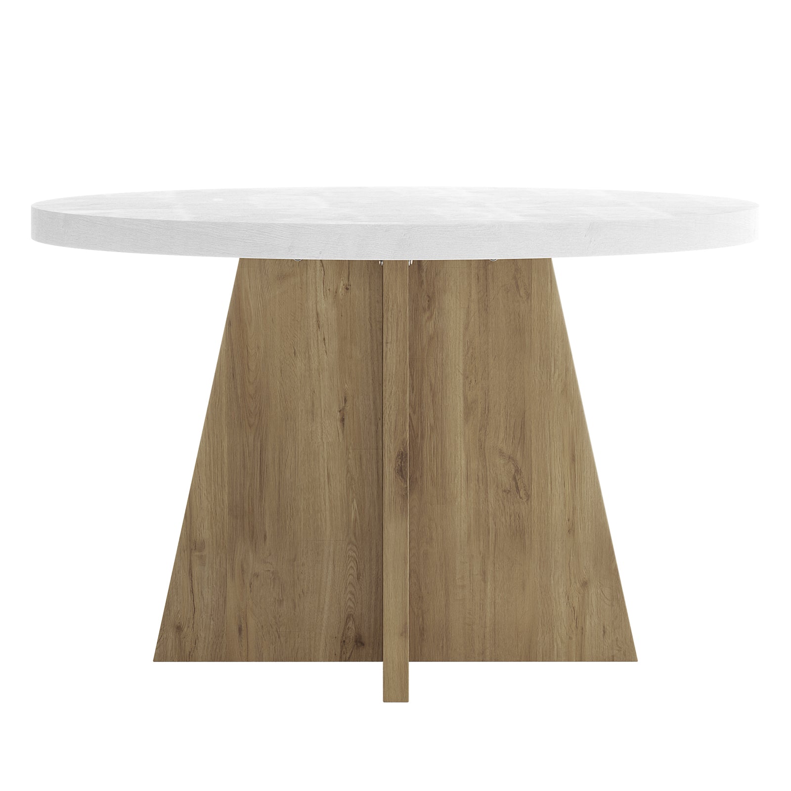 Enid 120cm 4 Seater Round Dining Table in White features a smooth white tabletop and a geometric wooden base with intersecting trapezoidal panels, perfect for modern, elegant home settings.