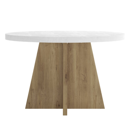Enid 120cm 4 Seater Round Dining Table in White features a smooth white tabletop and a geometric wooden base with intersecting trapezoidal panels, perfect for modern, elegant home settings.