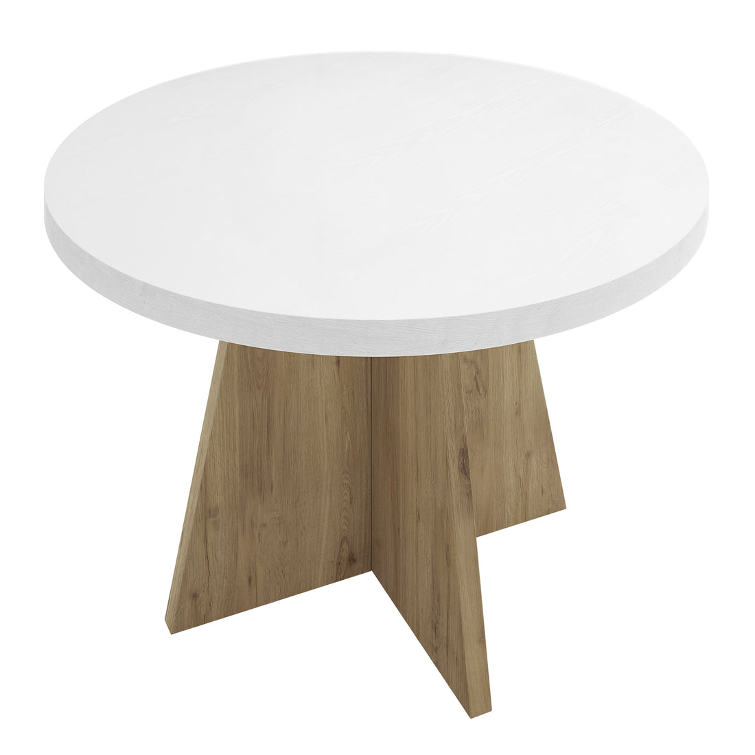 Enid 120cm 4 Seater Round Dining Table in White features a sleek white tabletop and a geometric wooden pedestal base with wood-grain panels arranged in a star pattern for stylish support.