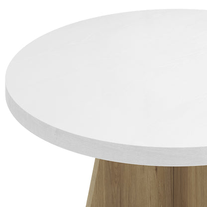 Enid 120cm 4 Seater Round Dining Table in White, featuring a circular white tabletop on a sturdy wooden base, showcasing a modern, industrial design ideal for elegant and versatile home settings.