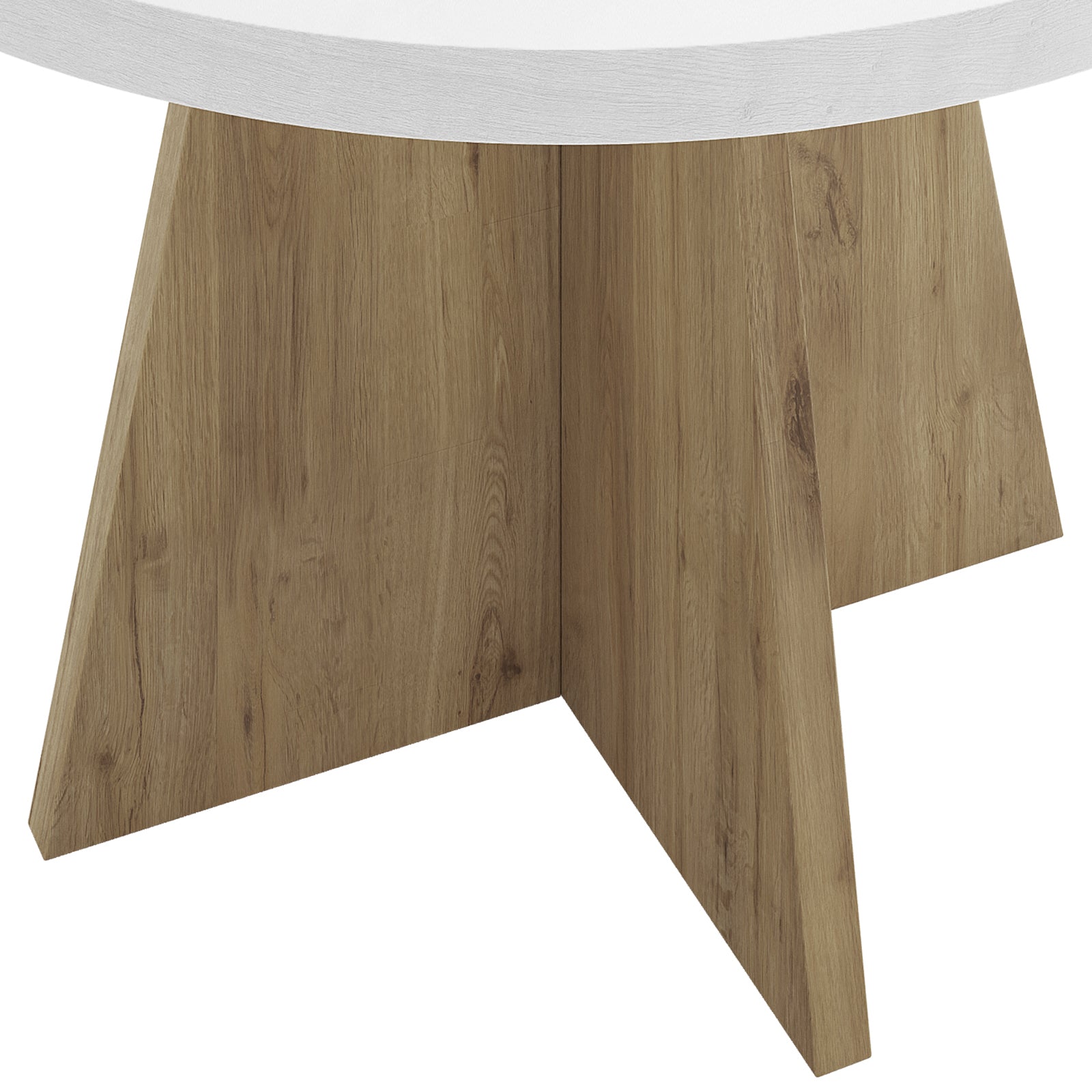 Enid 120cm 4 Seater Round Dining Table in White features a round edge and a star-shaped light wood pedestal, combining elegance and industrial style for versatile home decor.