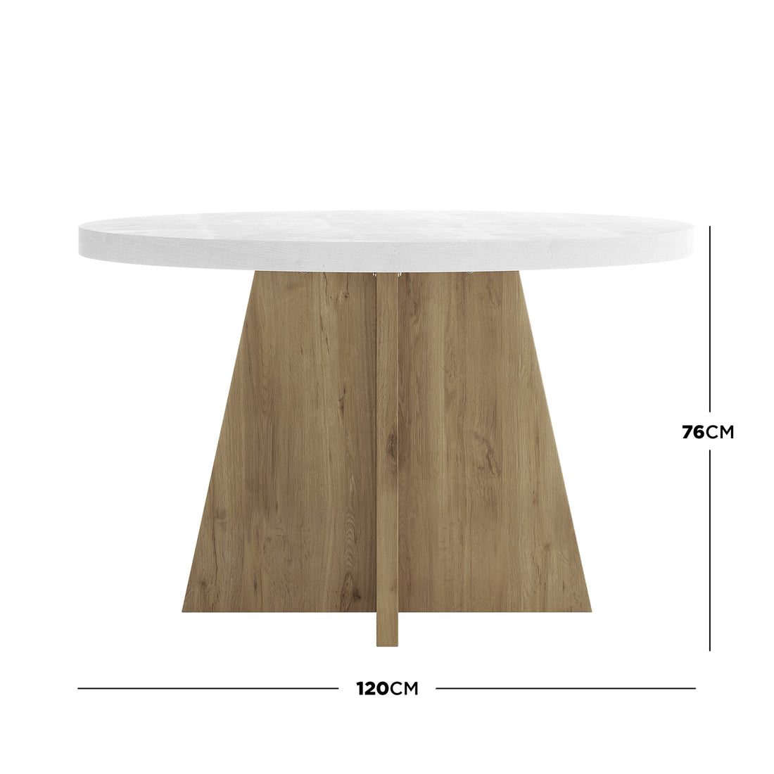 Enid 120cm 4 Seater Round Dining Table in White featuring a sleek white tabletop and a sturdy flared wooden pedestal base, shown with dimensions of 120 cm diameter and 76 cm height.
