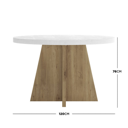 Enid 120cm 4 Seater Round Dining Table in White featuring a sleek white tabletop and a sturdy flared wooden pedestal base, shown with dimensions of 120 cm diameter and 76 cm height.