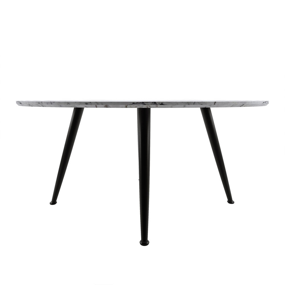 Eugene 120cm 4 Seater Round Dining Table in Marble features a round marble-look surface with four slender black metal legs, ideal for modern dining spaces.