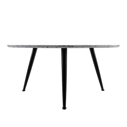 Eugene 120cm 4 Seater Round Dining Table in Marble features a round marble-look surface with four slender black metal legs, ideal for modern dining spaces.