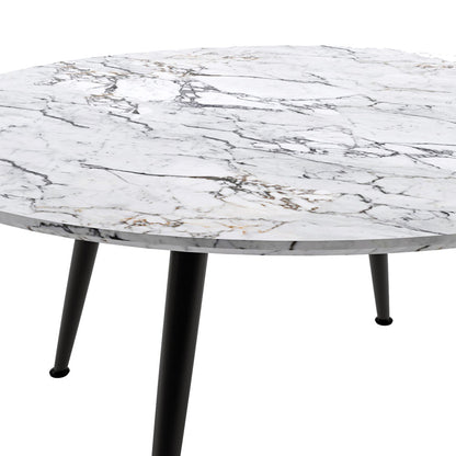 Eugene 120cm 4 Seater Round Dining Table in Marble, featuring a white marble-veined tabletop with sleek black metal legs, embodies modern elegance and functionality in any dining space.