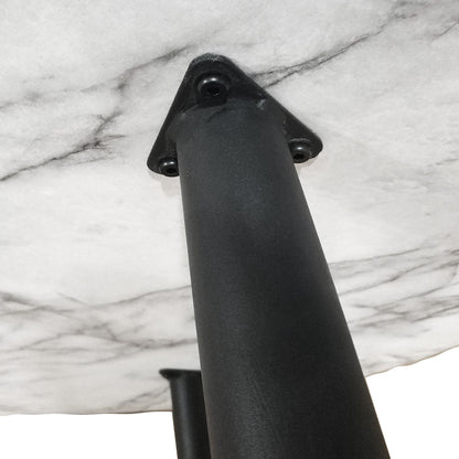 Close-up of the Eugene 120cm 4 Seater Round Dining Table in Marble, highlighting the black metal leg with a triangular mounting plate secured to the white marble-patterned tabletop.
