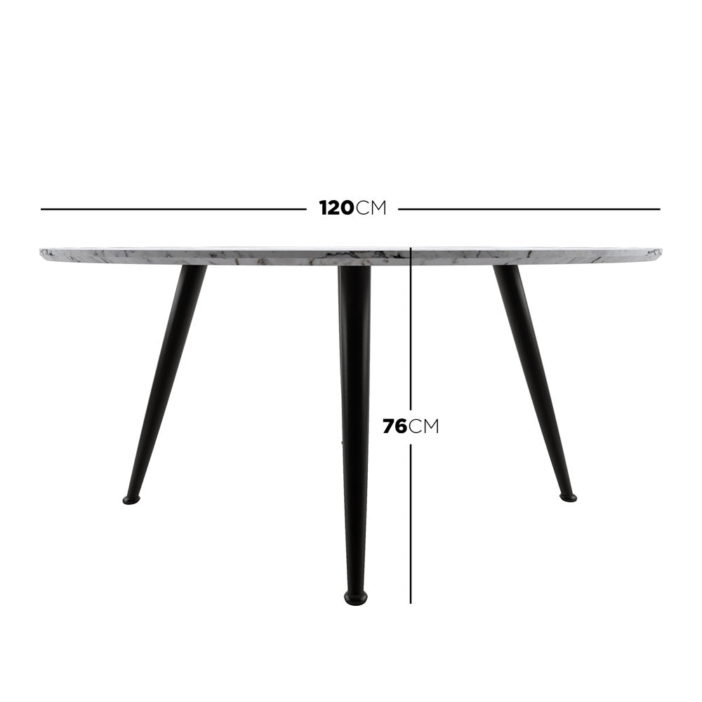 Eugene 120cm 4 Seater Round Dining Table in Marble features a white marble-effect tabletop with slender black metal legs, ideal for modern dining or workspaces, comfortably seating four.