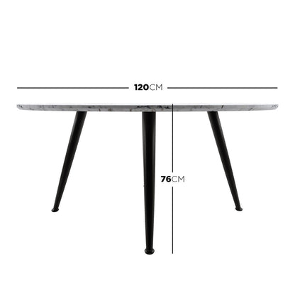 Eugene 120cm 4 Seater Round Dining Table in Marble features a white marble-effect tabletop with slender black metal legs, ideal for modern dining or workspaces, comfortably seating four.