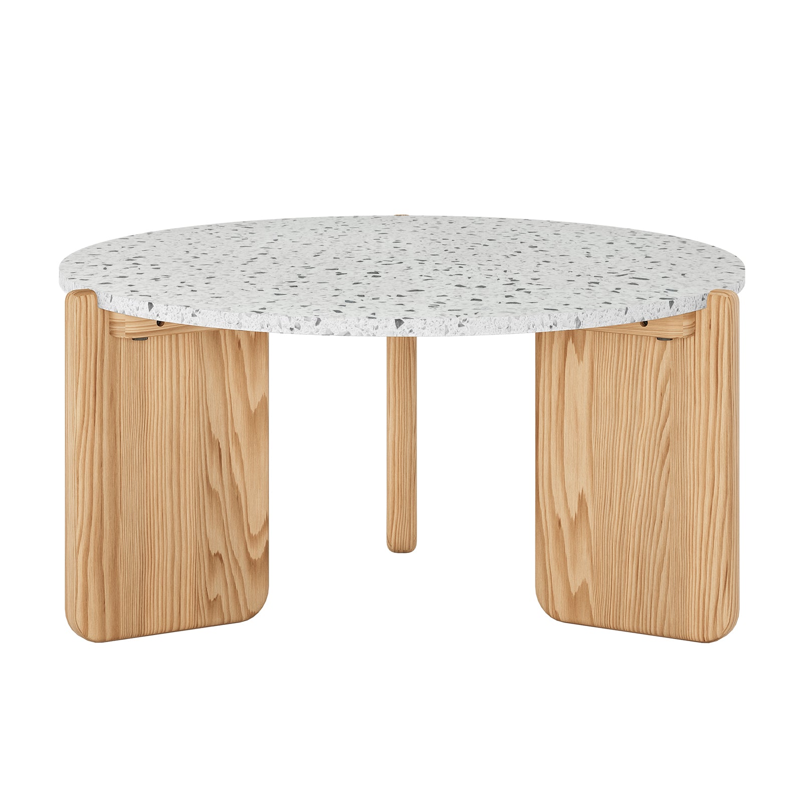 Everlee Hardwood American Oak Coffee Table in Natural features a white terrazzo top with gray flecks, supported by three light-wood legs, including two wide flat panels and a central cylindrical post.