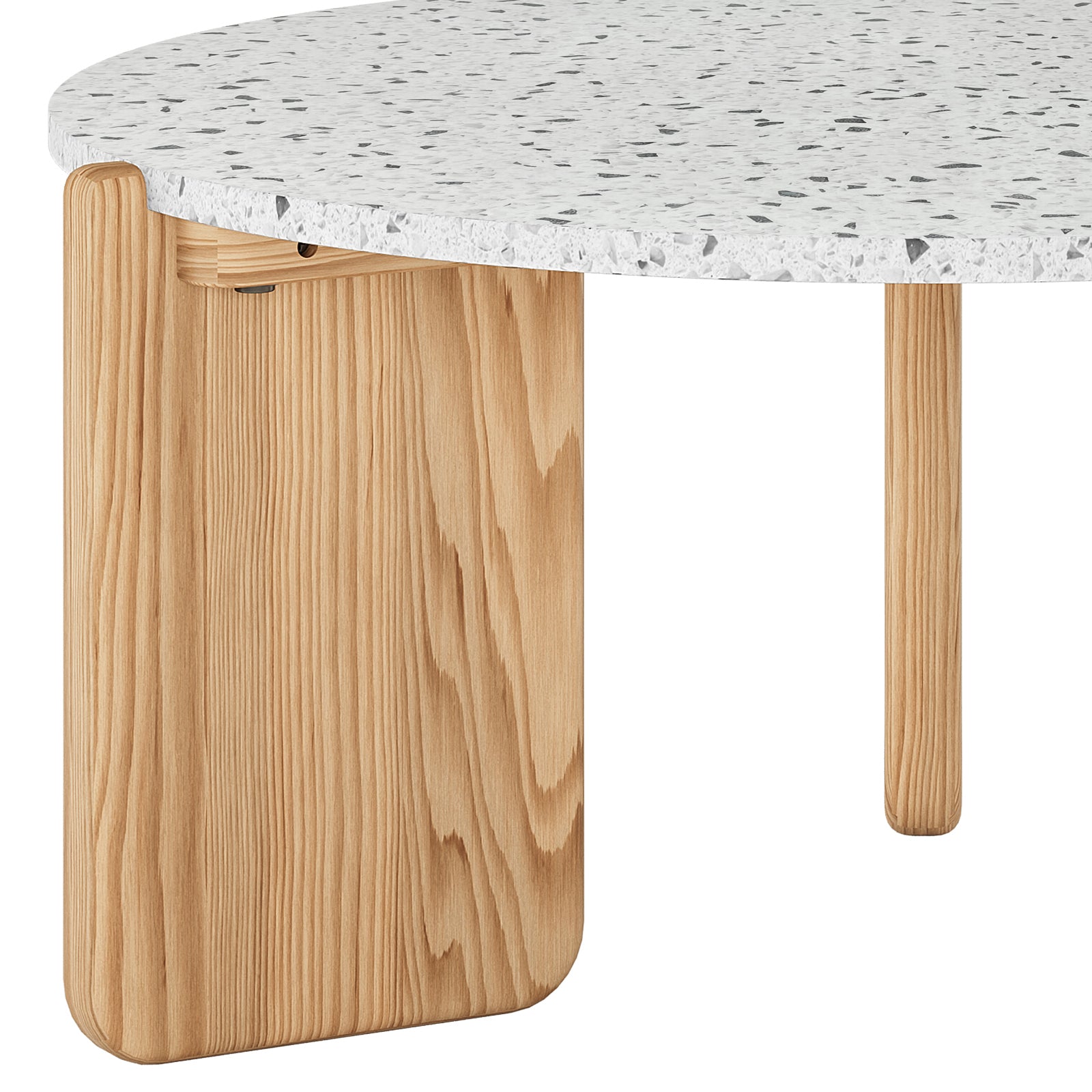 Everlee Hardwood American Oak Coffee Table in Natural, featuring a round, white speckled terrazzo-style top on smooth, light-wood legs, showcasing its modern, minimalist design and craftsmanship.